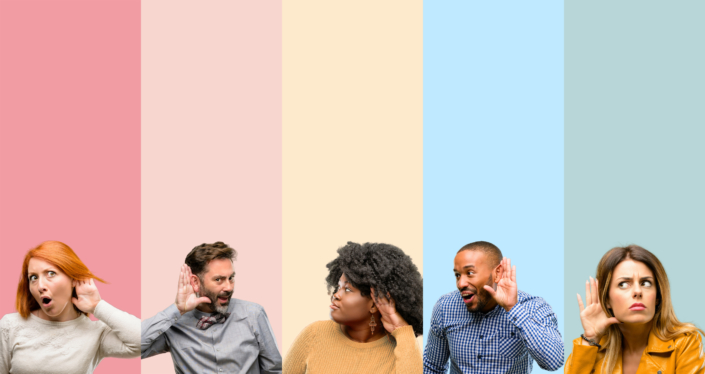 Cool group of people, woman and man holding hand near ear trying to listen to interesting news expressing communication concept and gossip
